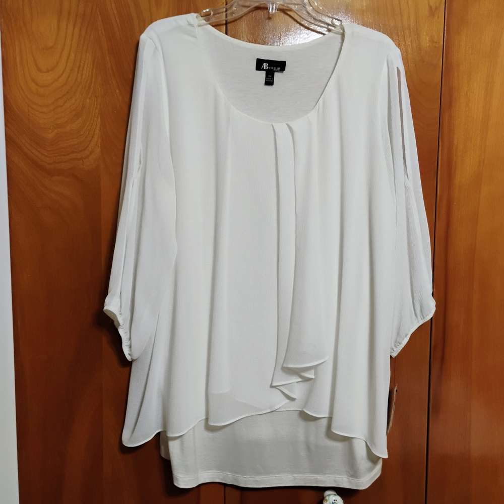 AB Studios Ivory Woman's OS Flowy, Loose-fit Asymmetrical Blouse W/Attached Cami